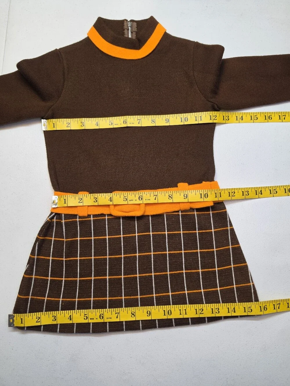 Piccolino 60s 70s Italian MOD Mini Dress Girls 4 Brown Orange Belted Vintage